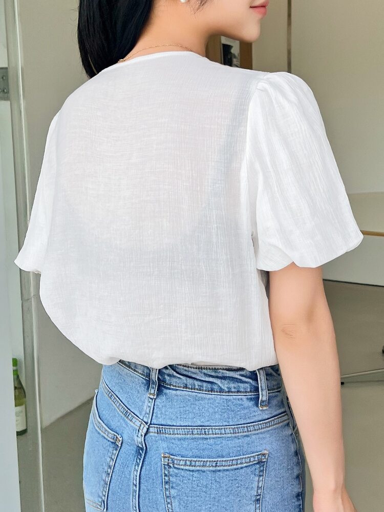 Contrast Lace Button Front Pearls Blouse