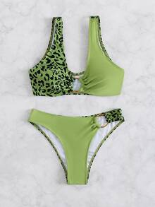 Contrast Leopard Ring Linked Bikini Set, For Summer Beach Vacation - Multicolor - View 5
