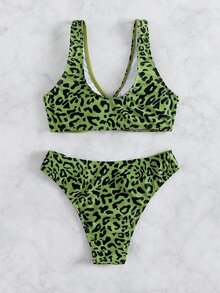 Contrast Leopard Ring Linked Bikini Set, For Summer Beach Vacation - Multicolor - View 4