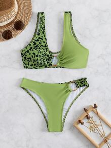 Contrast Leopard Ring Linked Bikini Set, For Summer Beach Vacation - Multicolor - View 7