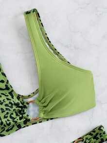 Contrast Leopard Ring Linked Bikini Set, For Summer Beach Vacation - Multicolor - View 3