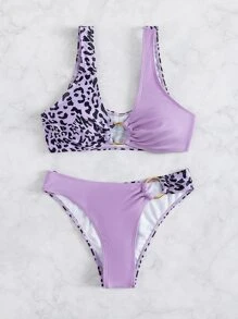 Leopard Ring Linked Bikini Set, For Summer Beach Vacation - Purple - View 4