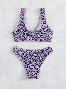 Leopard Ring Linked Bikini Set, For Summer Beach Vacation - Purple - View 7