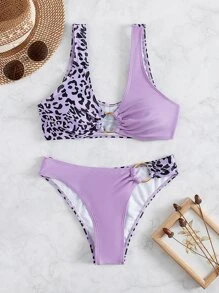 Leopard Ring Linked Bikini Set, For Summer Beach Vacation - Purple - View 6
