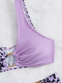 Leopard Ring Linked Bikini Set, For Summer Beach Vacation - Purple - View 3