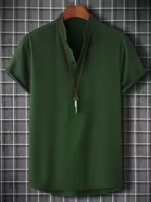 Manfinity Homme Men Solid Half Button Stand Collar Shirt - Green - View 1