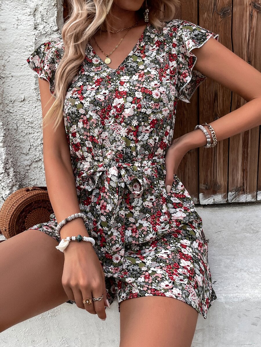 Mono con estampado floral ribete con fruncido con cinturón - Multicolor - Ver 1