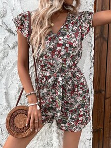 Mono con estampado floral ribete con fruncido con cinturón - Multicolor - Ver 7