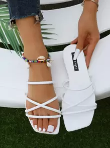 Women White Minimalist Slide Sandals, Open Toe Fashionable Sandals,Beach Outfits,Summer Outfits - White - View 4