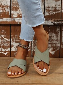 Criss Cross Strap Slide Sandals - Green - View 1