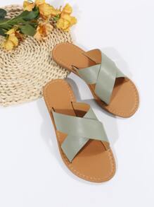 Criss Cross Strap Slide Sandals - Green - View 4