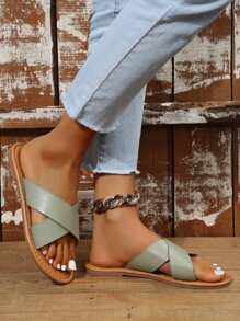 Criss Cross Strap Slide Sandals - Green - View 7