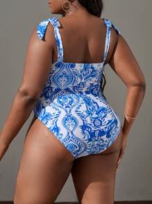 SHEIN Swim Curve Plus Allover Print Knot Shoulder One Piece Swimsuit,Summer Beach - Blue and White - View 2