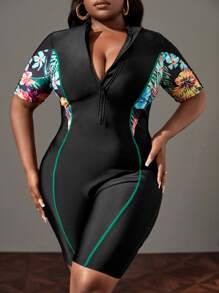 SHEIN Swim Curve Áo tắm một mảnh Plus Size Summer Beach có in hoa và dây kéo - Nhiều màu - Xem 1