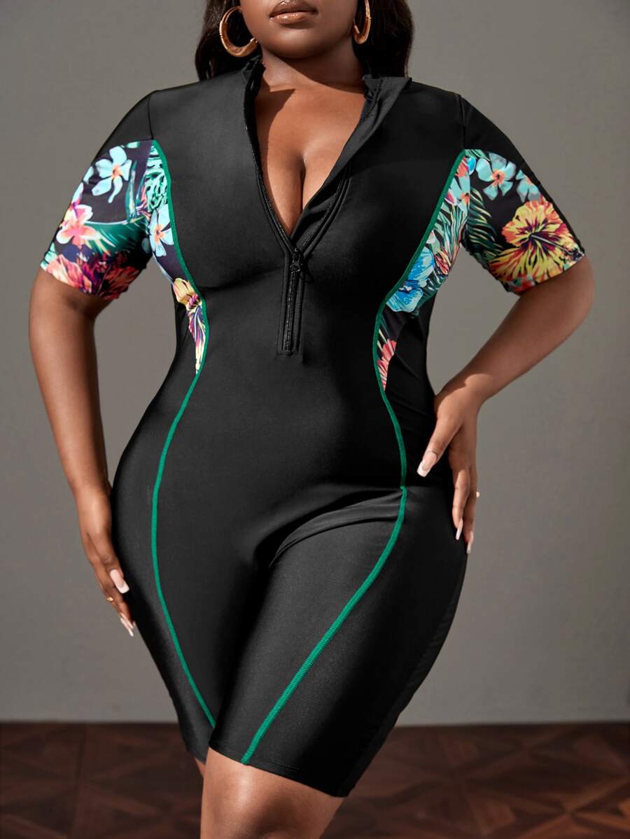 SHEIN Swim Curve Áo tắm một mảnh Plus Size Summer Beach có in hoa và dây kéo - Nhiều màu - Xem 1