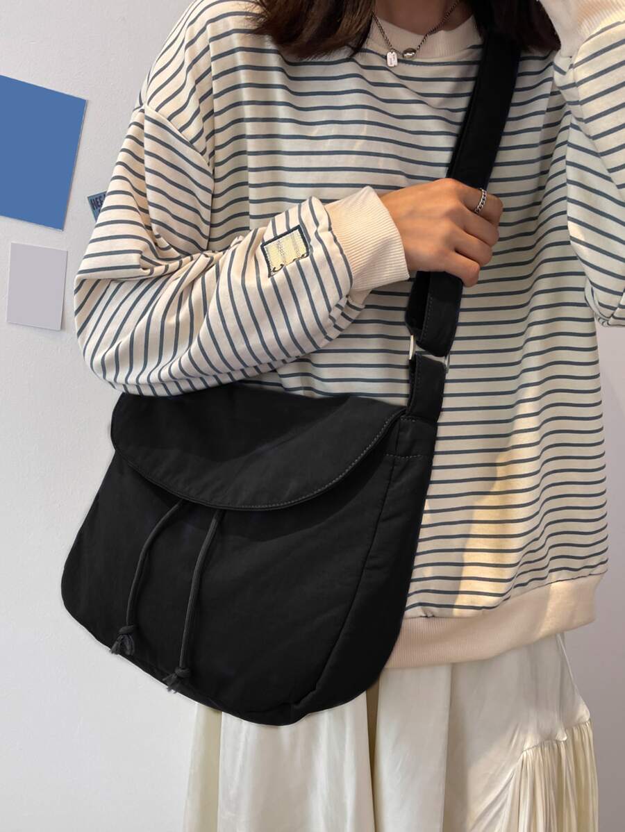 Lightweight,Business Casual Drawstring Detail Flap Square Bag For Teen Girls Women College Students,Rookies & White-collar Workers Perfect for Office,College,Work ,Business,Commute - Black - View 1