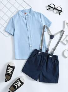 Young Boy Button Front Shirt & Pinafore Shorts - Blue - View 1