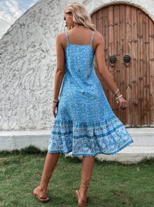 Breezaya Vestido de tirantes con estampado floral bajo con fruncido - Azul - Ver 2