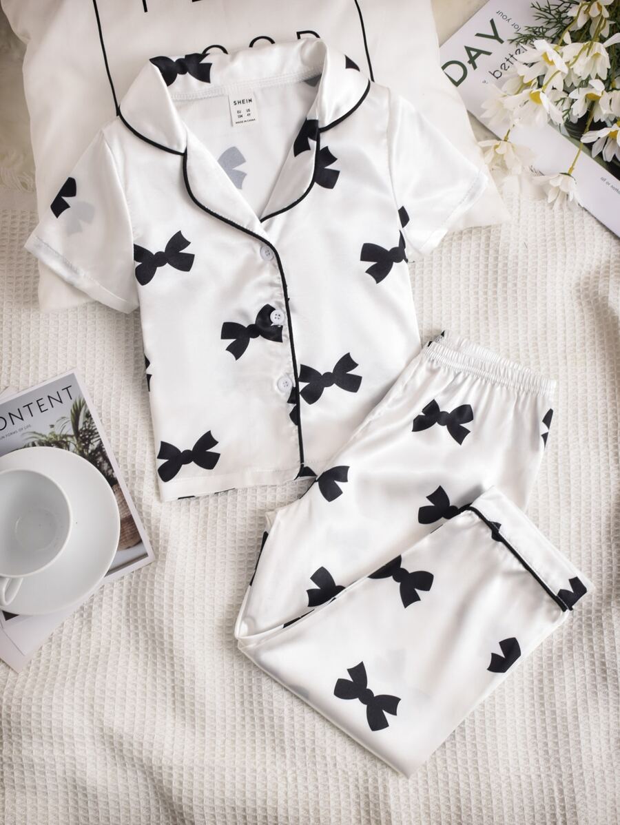 Girls Bow Print Lapel Neck Shirt & Trousers PJ Set - White - View 1
