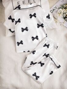 Girls Bow Print Lapel Neck Shirt & Trousers PJ Set - White - View 2