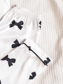 Girls Bow Print Lapel Neck Shirt & Trousers PJ Set - White - View 5