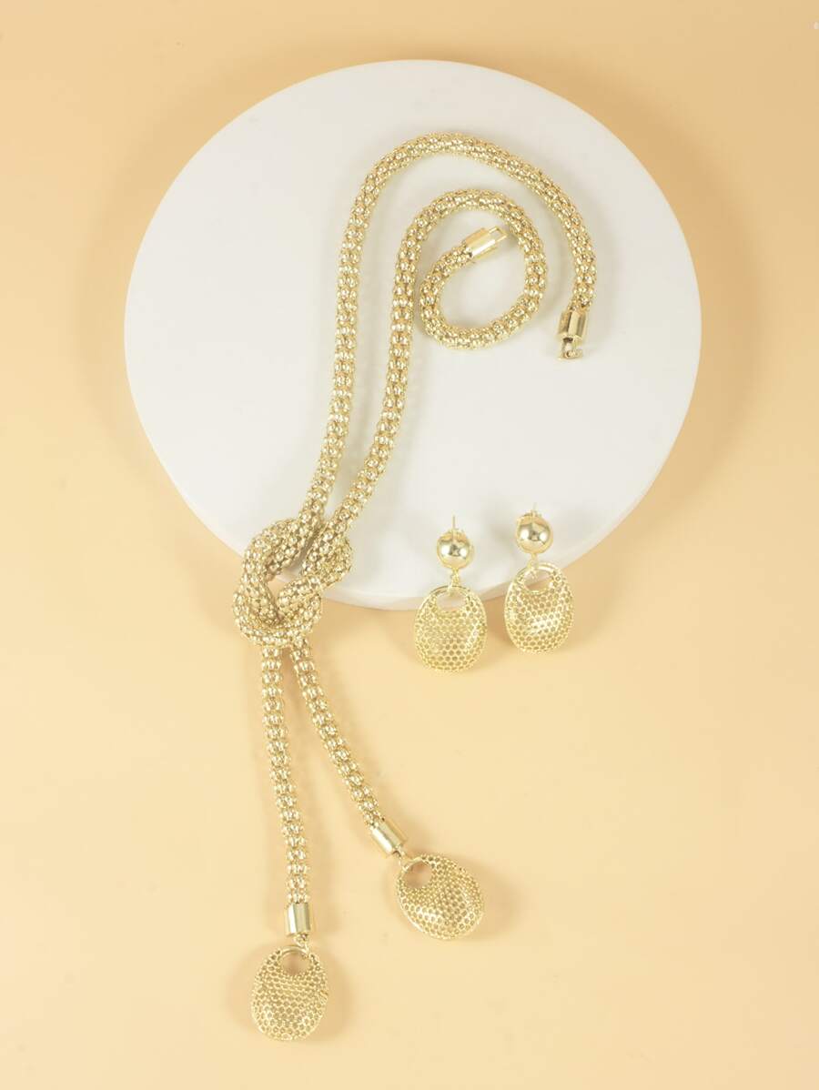 橢圓形吊飾Y字項鍊和耳墜