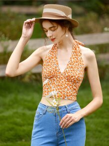 Soleia Ditsy Floral Tie Backless Halter Top - Multicolor - View 3