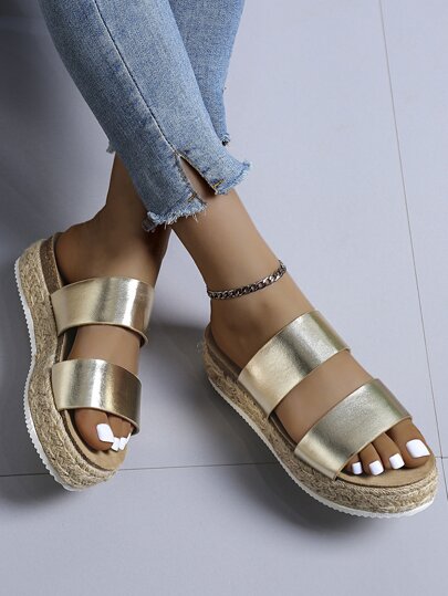 Women Metallic Double Band Flatform Slide Sandals, Avant-garde Party Solid Flat Sandals