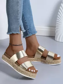 Women Metallic Double Band Flatform Slide Sandals, Avant-garde Party Solid Flat Sandals - Gold - View 5
