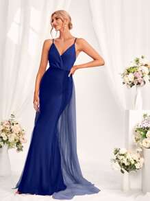 網紗拼接拼塊交疊領吊帶裙伴娘禮服 - 藏蓝色 - 查看 1