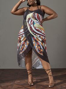 SHEIN Swim Curve Plus Allover Print Wrap Hem Cami Cover Up - Multicolor - View 1