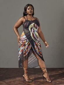 SHEIN Swim Curve Plus Allover Print Wrap Hem Cami Cover Up - Multicolor - View 3