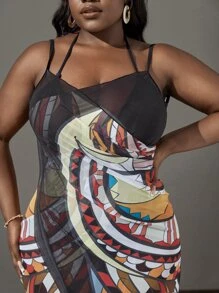 SHEIN Swim Curve Plus Allover Print Wrap Hem Cami Cover Up - Multicolor - View 4