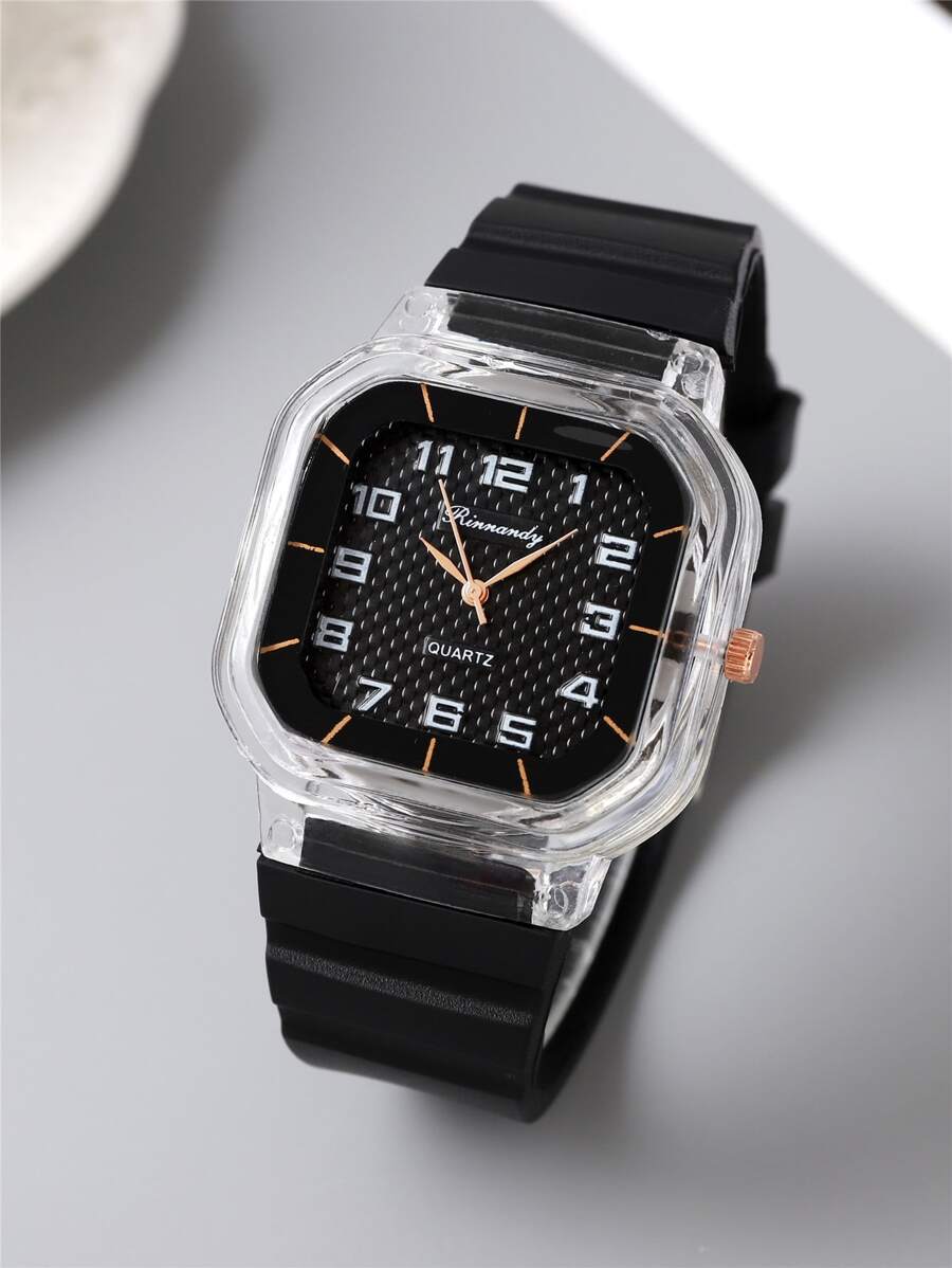 RINNADY Reloj cuarzo de puntero cuadrado de silicona con tira - Negro - Ver 1