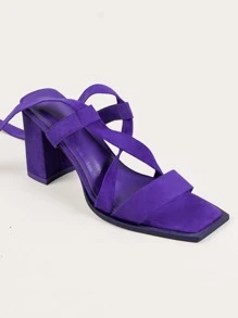Women Criss Cross Tie Leg Design Chunky High Heeled Sandals, Vacation Summer Outdoor Faux Suede Strappy Sandals - Violet Purple - View 2