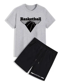 ROMWE MEN Hombres Shorts con camiseta con estampado de letra - Multicolor - Ver 1