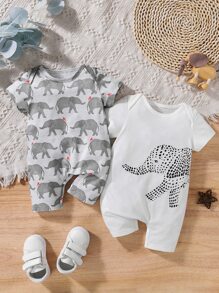 寶寶男童2入組大象印花休閒連身衣，夏季款 - 彩色 - 查看 1
