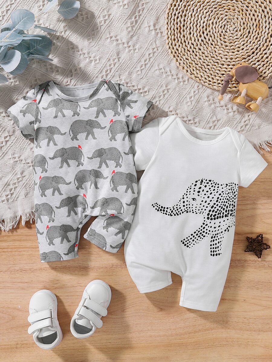 寶寶男童2入組大象印花休閒連身衣，夏季款 - 彩色 - 查看 1