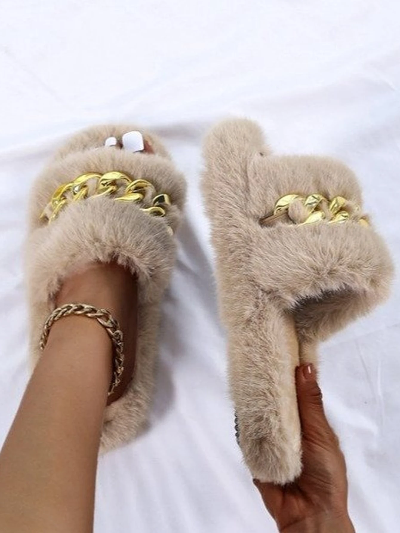 fuzzy slip on sandals