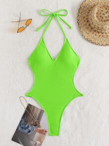 Neon Green Cut Out Thong One Piece Swimsuit - Lime Green - View 5