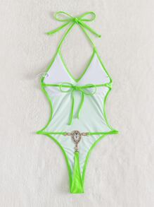 Neon Green Cut Out Thong One Piece Swimsuit - Lime Green - View 2