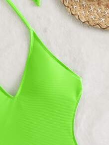 Neon Green Cut Out Thong One Piece Swimsuit - Lime Green - View 4