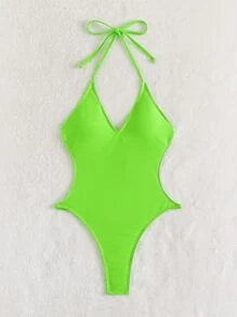 Neon Green Cut Out Thong One Piece Swimsuit - Lime Green - View 3