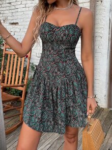 Vestido de tirantes con estampado de paisley bajo con fruncido - Multicolor - Ver 5