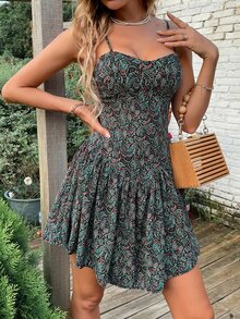 Vestido de tirantes con estampado de paisley bajo con fruncido - Multicolor - Ver 6