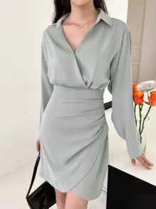 DAZY Solid Wrap Ruched Shirt Dress,Fall Dress - Green - View 1