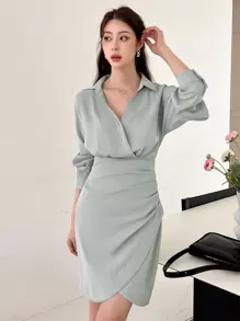DAZY Solid Wrap Ruched Shirt Dress,Fall Dress - Green - View 5