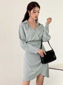 DAZY Solid Wrap Ruched Shirt Dress,Fall Dress - Green - View 6