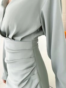 DAZY Solid Wrap Ruched Shirt Dress,Fall Dress - Green - View 7