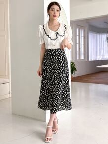 DAZY 花卉圖案高腰半身裙 - 黑色 - 查看 7